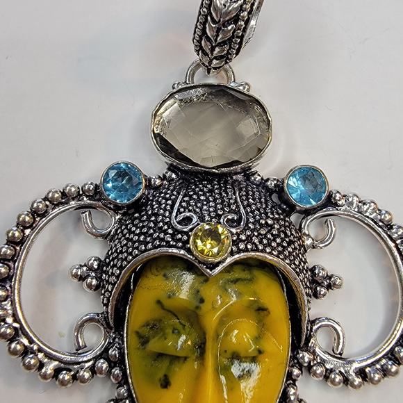 Sterling Silver Pendant with Yellow Carved Face and Multi-Gem Accents - Picture 9 of 11